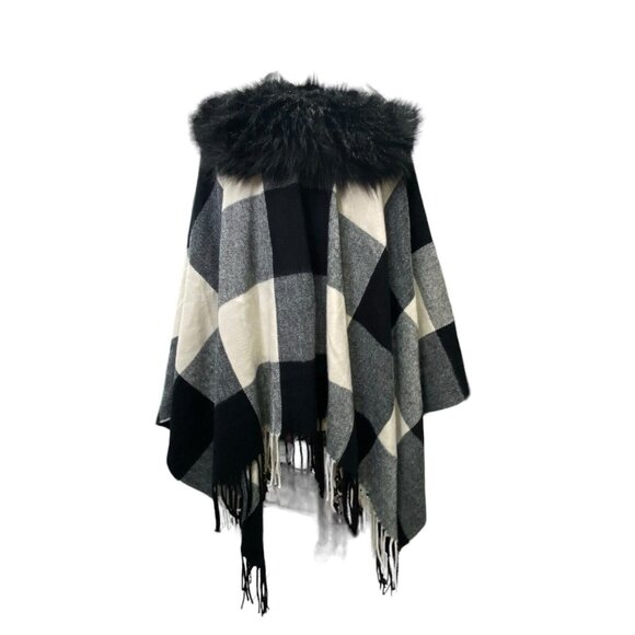 NWT J. Crew Fringe Poncho Cape Faux Fur Collar Plaid One size - Picture 4 of 9